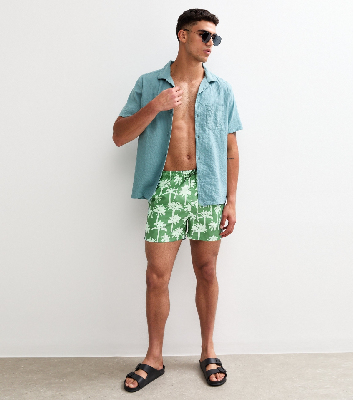Men's Dark Green Palm Tree Print Swim Shorts Only and Sons New Look