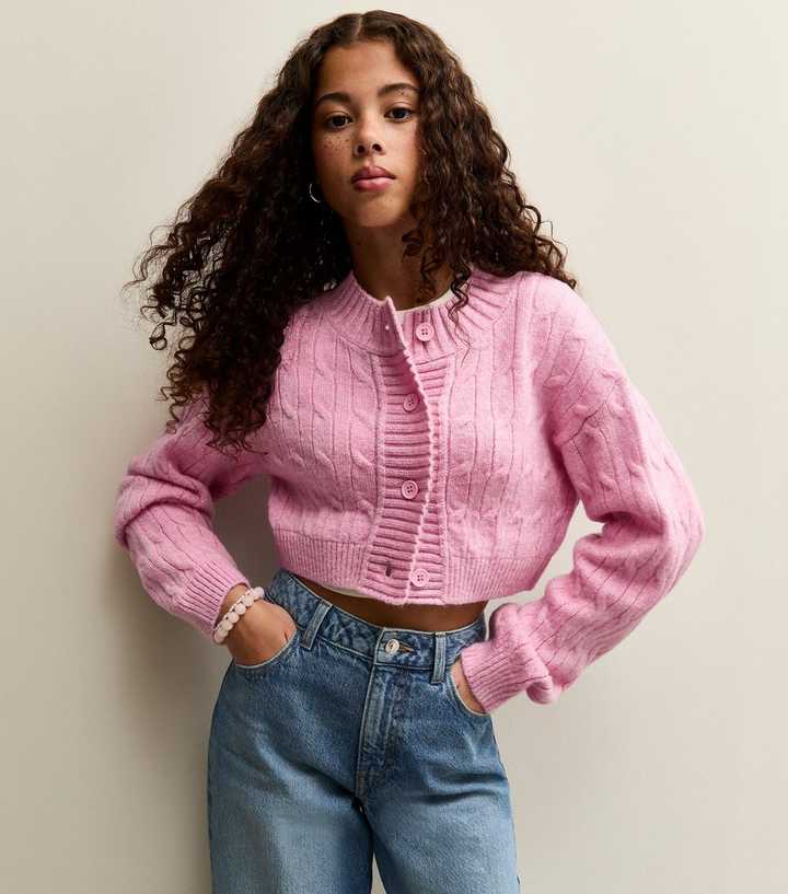 Pink Cropped Cable Knit Cardigan