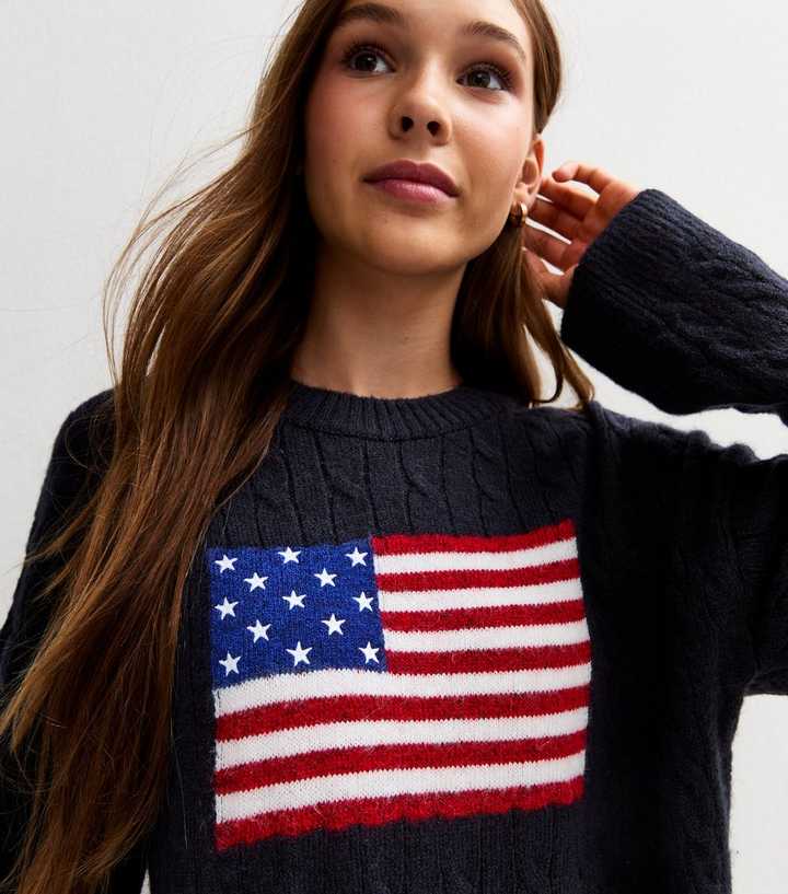 Girls Navy Cable Knit American Flag Jumper