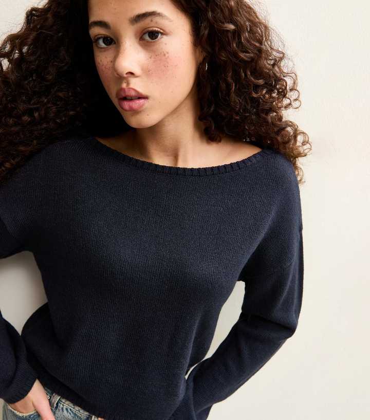 Girls Navy Slash Neck Jumper