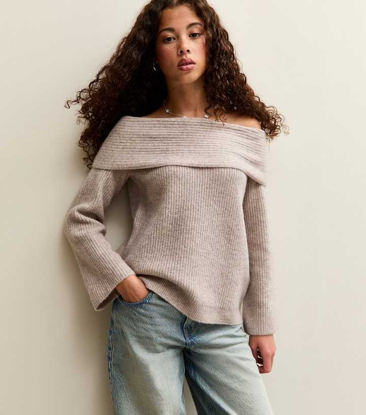 Girls Oatmeal Off The Shoulder Rib Jumper