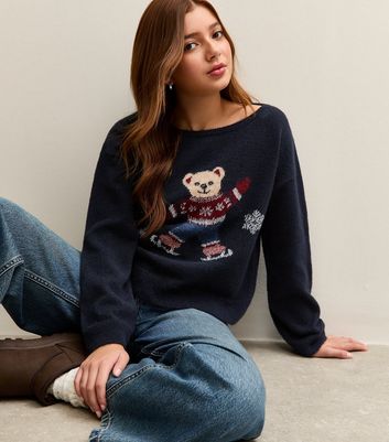 Girls Navy Knitted Festive Iceskating Bear Jumper