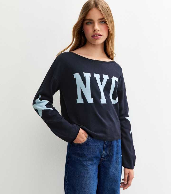 Girls Navy NYC Logo Slash Neck Jumper