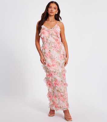 QUIZ Petite Coral Floral Print Frill Trim Midi Dress