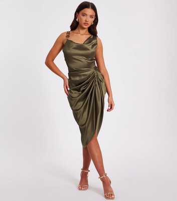 QUIZ Petite Dark Khaki Satin Ruched Midi Dress