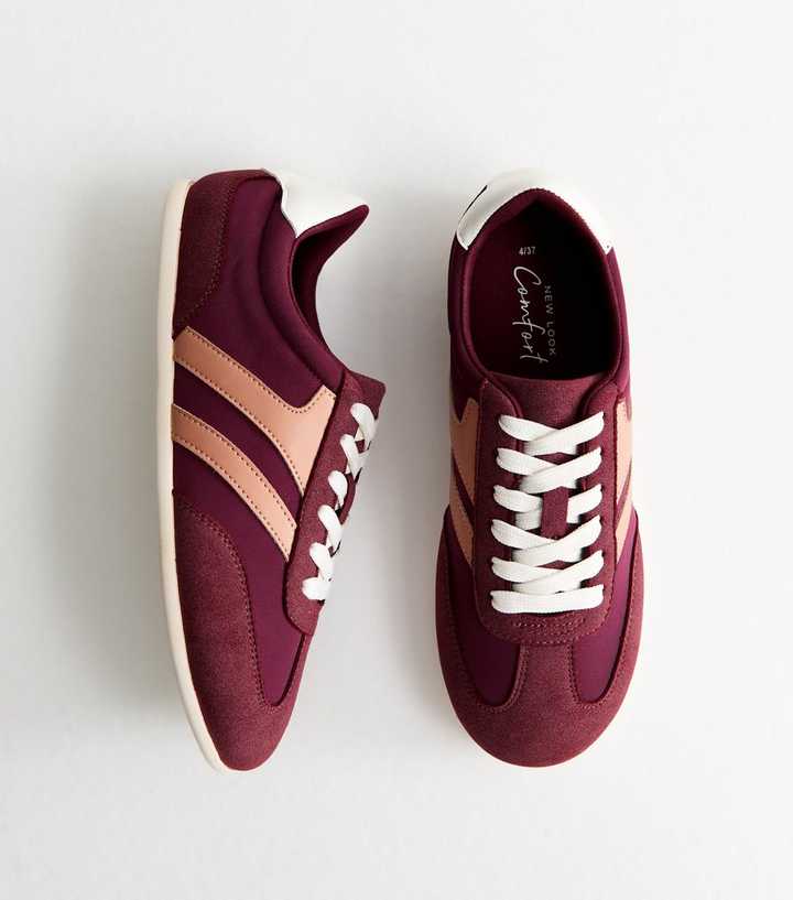 Dark Burgundy Contrast Panel Faux Suede Slim Sole Trainers