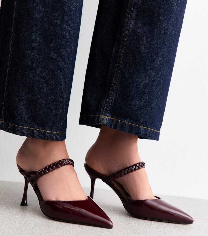 Burgundy Plaited Trim Point Toe Heeled Mules