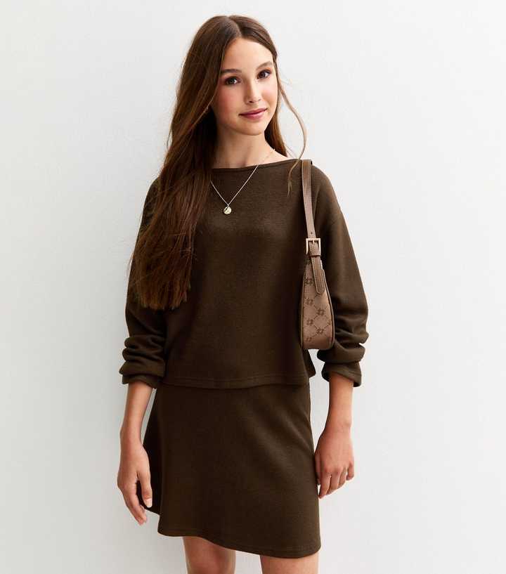 Girls Dark Brown Slash Neck Top