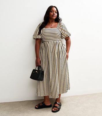 Curves Cream Stripe Print Puff Sleeve Milkmaid Textured Midi Dress