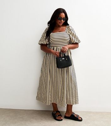 Curves Cream Stripe Print Puff Sleeve Milkmaid Textured Midi Dress