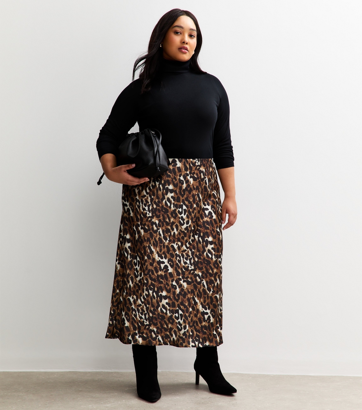 New Look Women's Brown Pattern Plus Size Brown Leopard Print Bias Cut Midi Skirt Curves