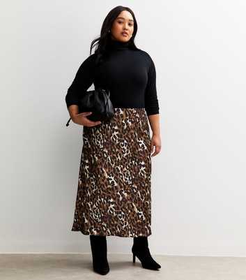 Curves Brown Leopard Print Bias Cut Midi Skirt