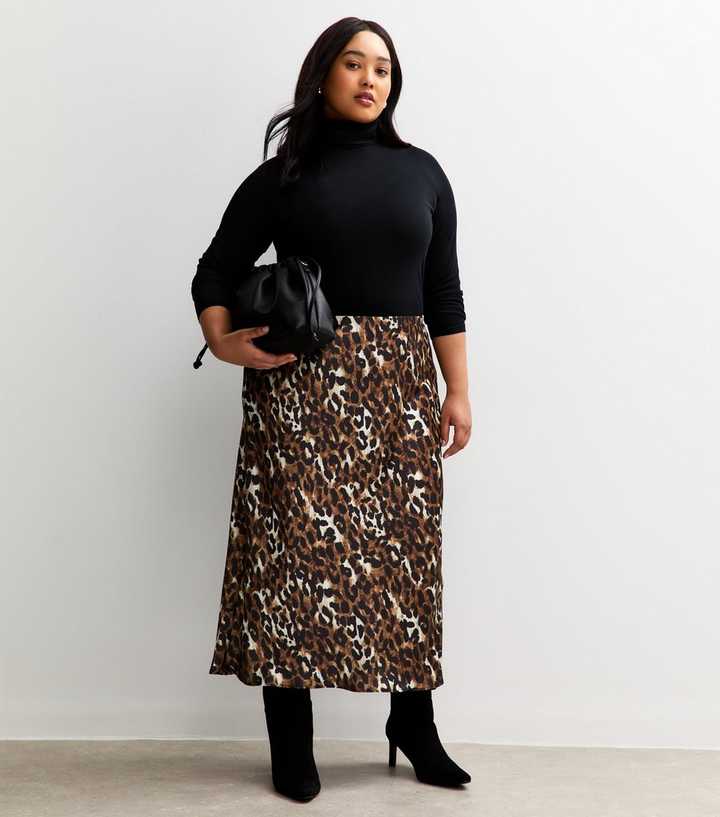 Curves Brown Leopard Print Bias Cut Midi Skirt