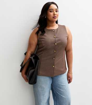 Curves Brown Houndstooth Print Jersey Waistcoat