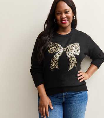 Curves Black Sequin Leopard Bow Embellished Jumper