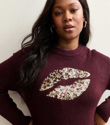 Curves Red Sequin Lips Embellished Jumper