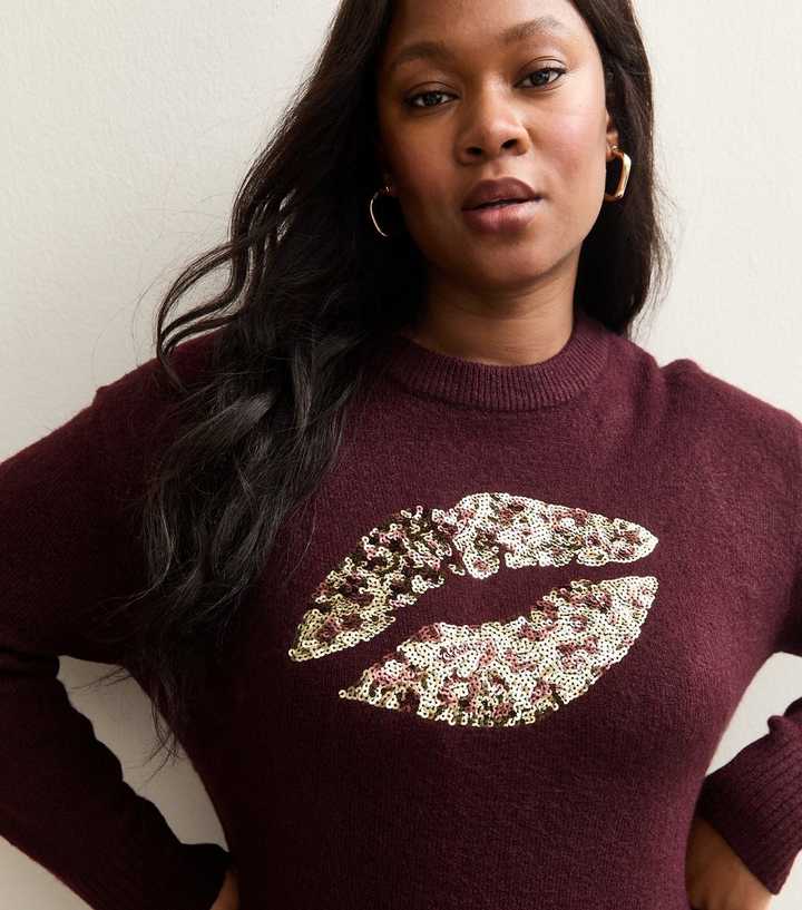 Curves Red Sequin Lips Embellished Jumper