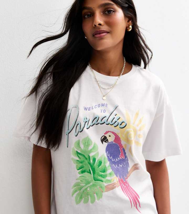 White Parrot Print Oversized T-Shirt 