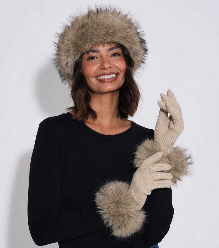 South Beach Faux Fur Light Brown Hat And Glove Set