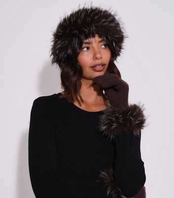 South Beach Faux Fur Dark Brown Hat And Glove Set