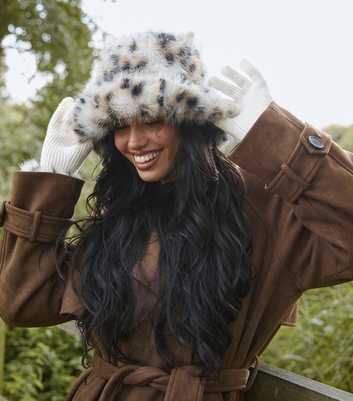 South Beach Brown Animal Print Faux Fur Hat and Gloves