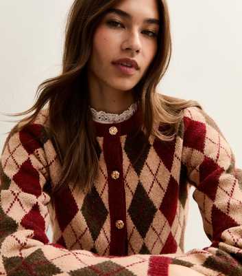 Red Argyle Long Sleeve Knit Cardigan
