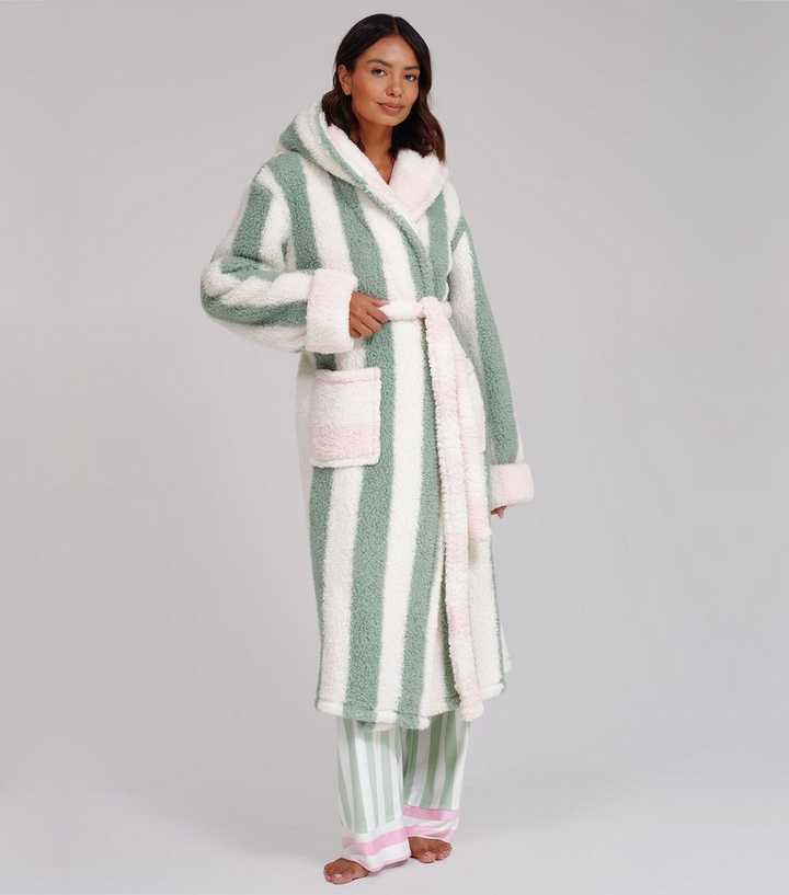 Loungeable Green Borg Striped Hooded Dressing Gown