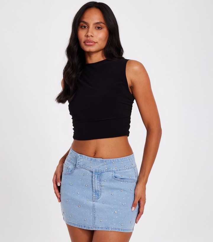 Quiz Light Blue Denim Diamante Embellished Skirt New Look