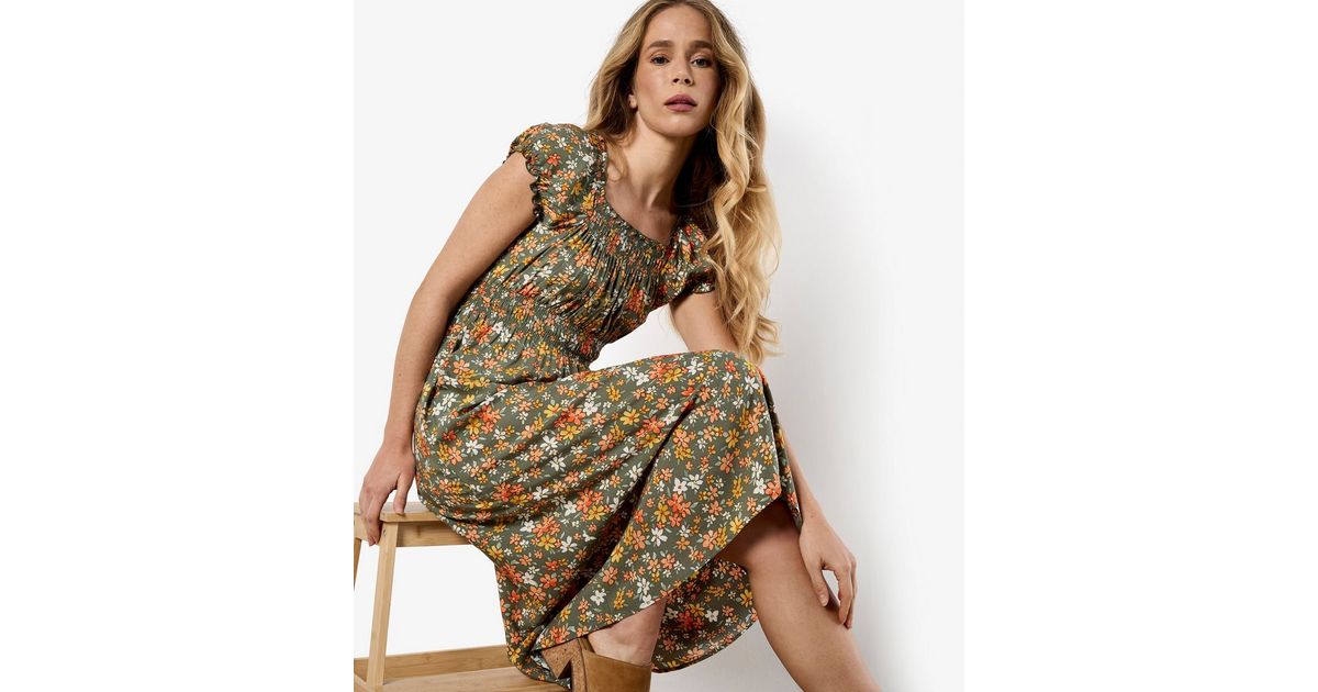 Boutique Apricot O-Neck Print Silk Mid Dress Summer main image 0