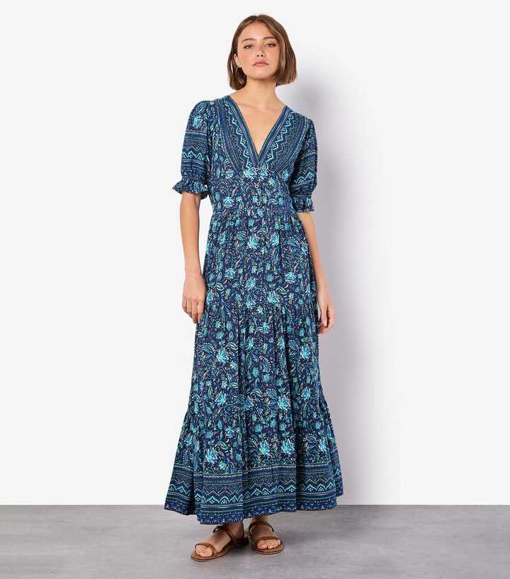 Apricot Blue Floral Border Print Midi Shirt Dress Apricot Blue Floral Border Print Midi Shirt Dress