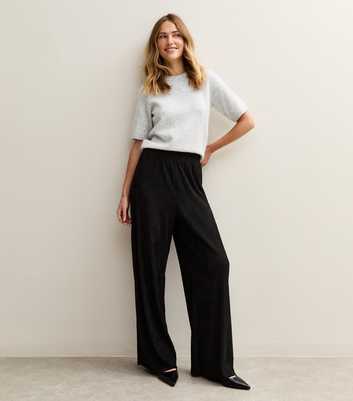 Black Textured Jersey Wide Leg Trousers
