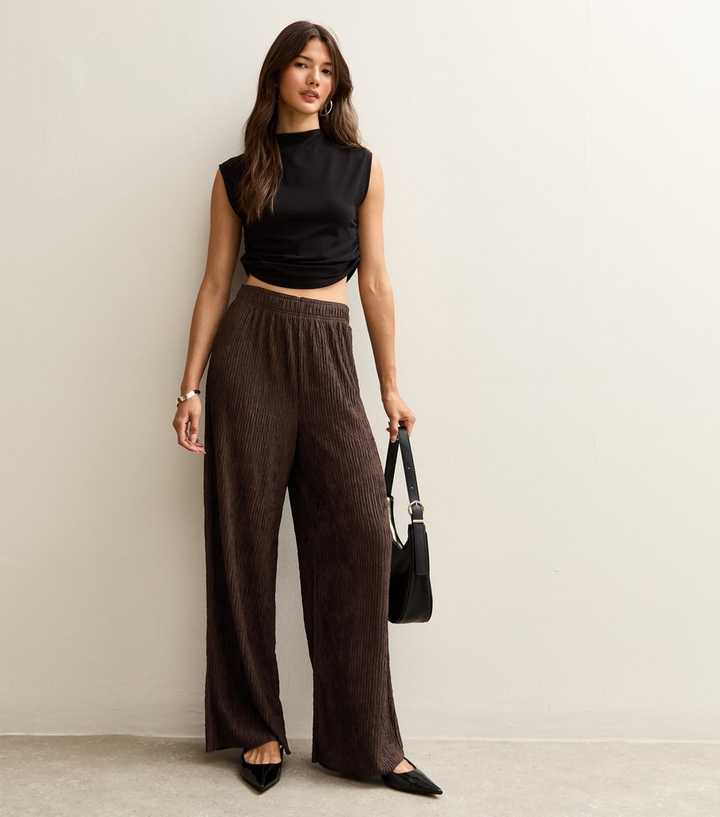 Brown Textured Jersey Wide Leg Trousers