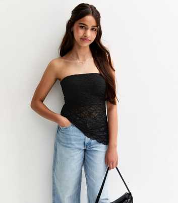 Girls Black Jersey Lace Asymmetric Bandeau Top
