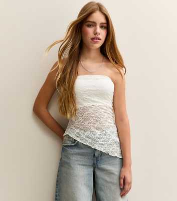 Girls White Jersey Lace Asymmetric Bandeau Top
