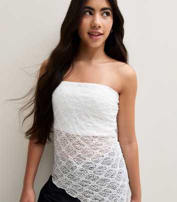 Girls White Jersey Lace Asymmetric Bandeau Top