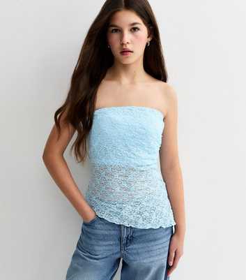 Girls Light Blue Jersey Lace Asymmetric Bandeau Top