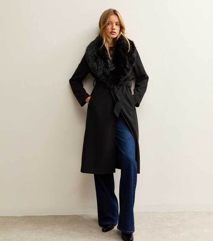 Black Faux Fur Collar Belted Coat