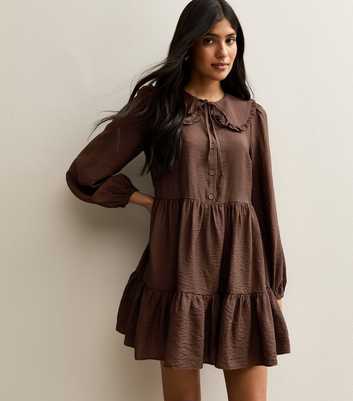 Brown Oversized Collar Mini Smock Dress