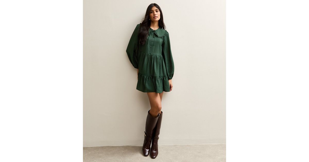 Dark Green Oversized Collar Mini Smock Dress | New Look