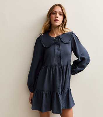 Navy Oversized Collar Mini Smock Dress