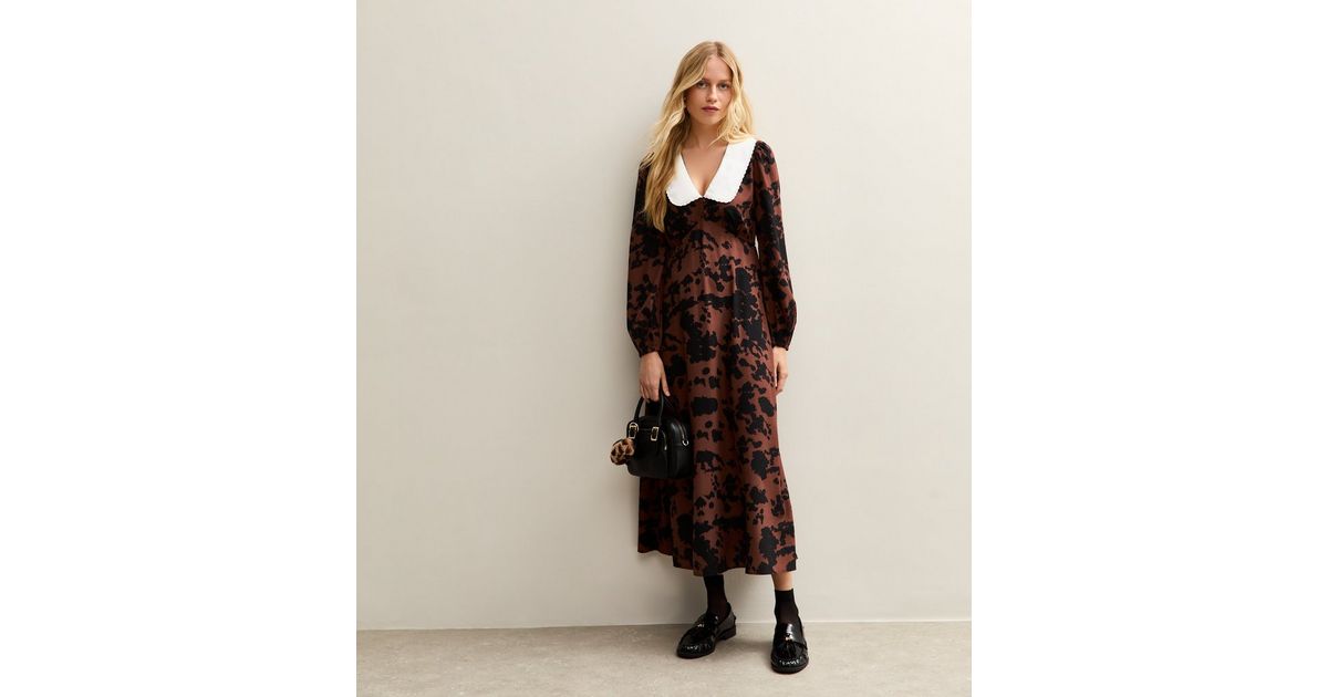 Brown Cow Print Contrast Collar Midi Dress | New Look