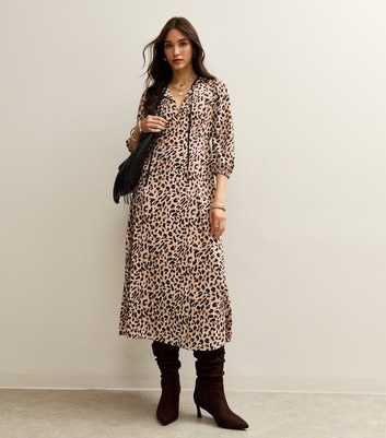 Brown Animal Print Tie Neck Midi Dress