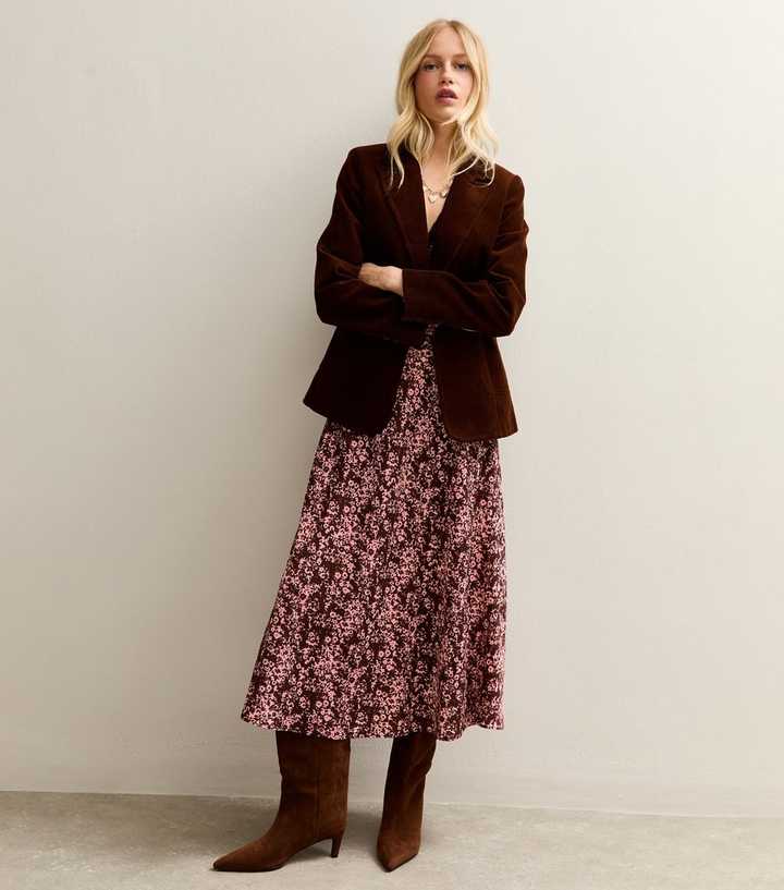 Pink Burgundy Floral Print Midi Dress | New Look