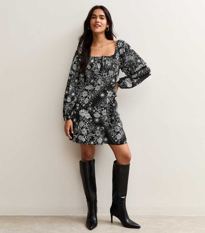 Black Paisley Print Long Sleeve Milkmaid Mini Dress | New Look Black Paisley Print Long Sleeve Milkmaid Mini Dress | New Look