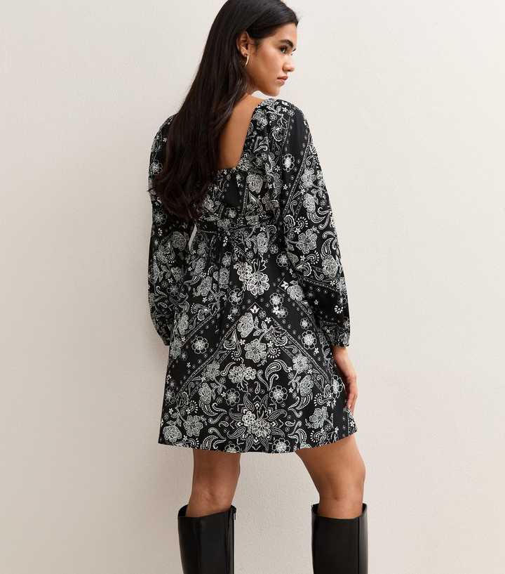 Black Paisley Print Long Sleeve Milkmaid Mini Dress | New Look