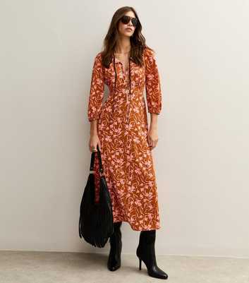 Orange Floral Print Tie Neck MIdi Dress