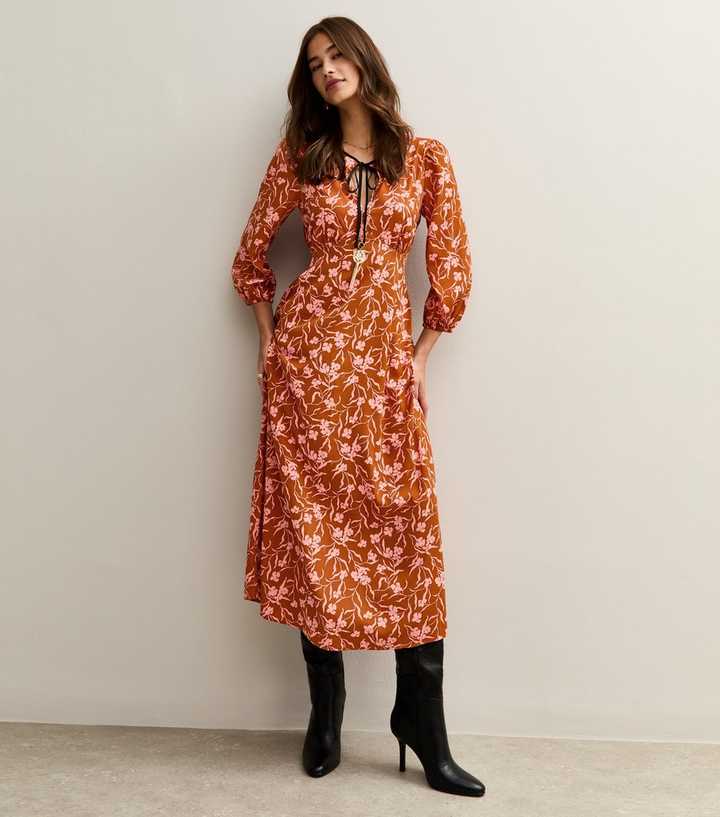 new look tie sleeve dress in orange ditsy pattern Lulus | Orange Embroidered Tie-Back Midi Dress | Womens | X-Small