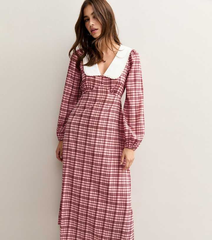 Pink Crepe Check Print Collar Detail Midi Dress