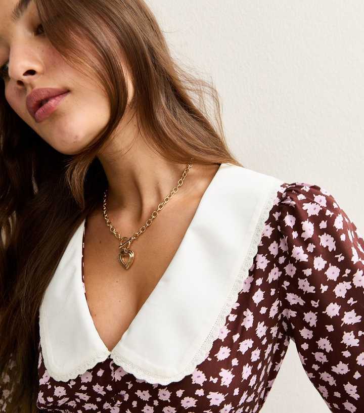 Brown Ditsy Floral Print Collared Crepe Midi Dress | New Look