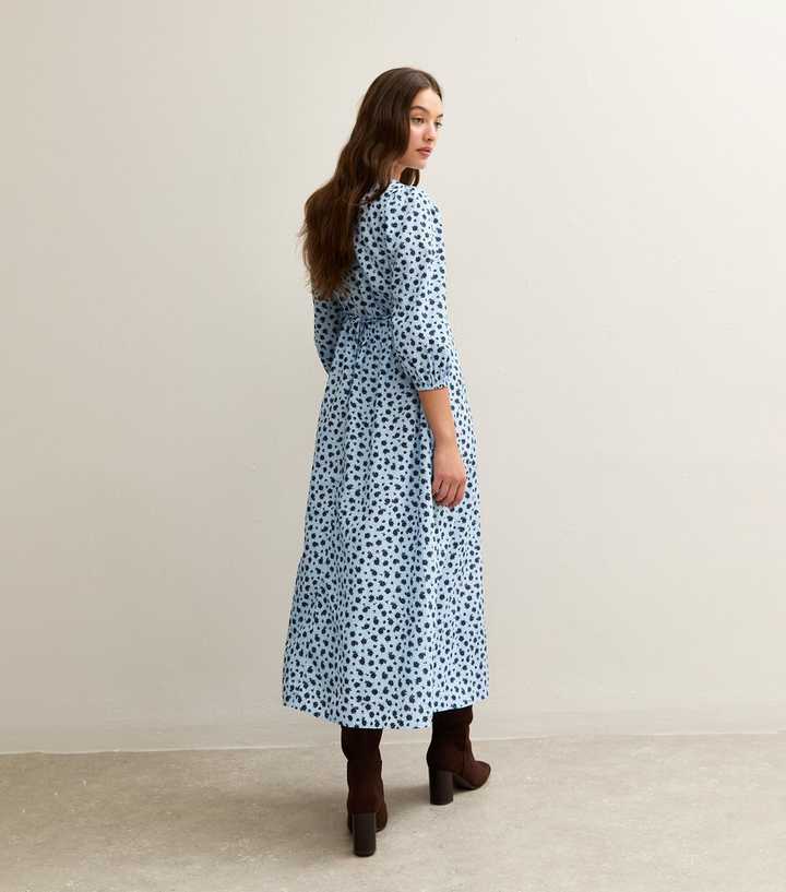 Light Blue Ditsy Floral Print Tie Neck Midi Dress | New Look